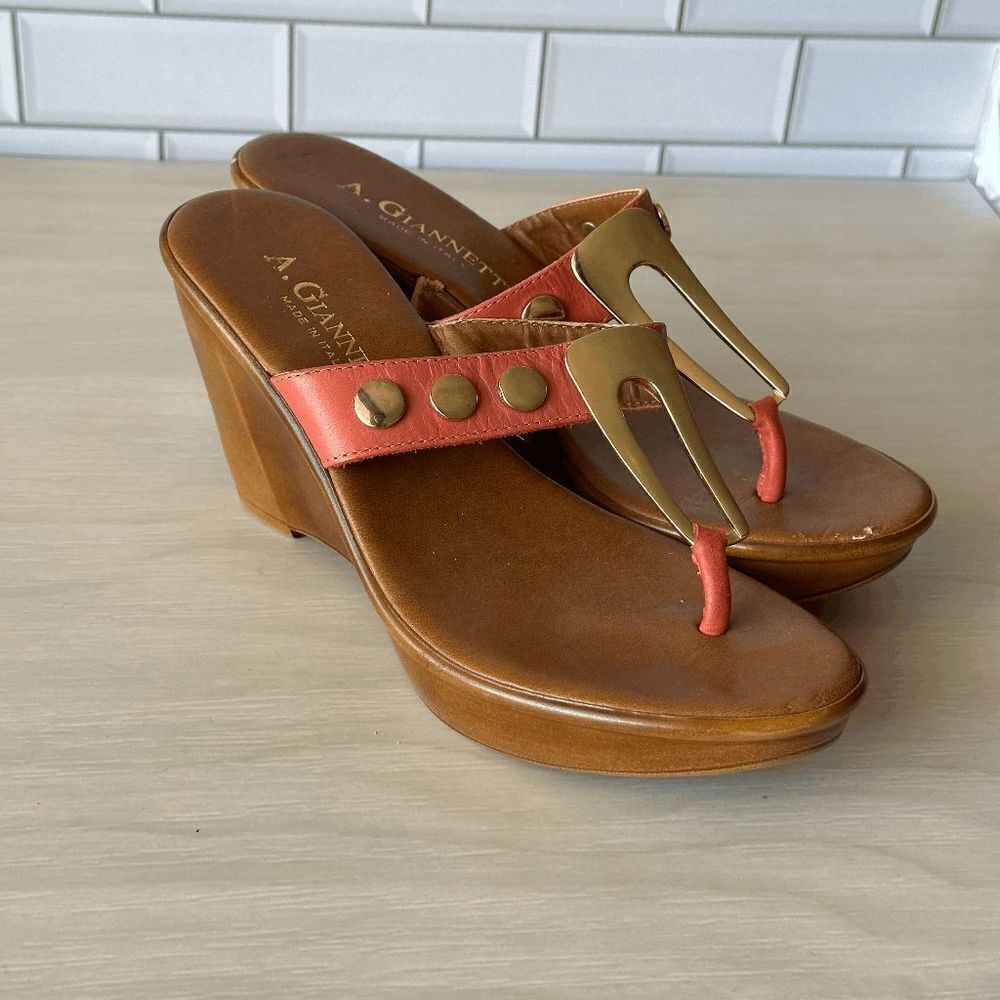 A. Giannetti Coral Leather Wedge Thong Sandals Size 7
